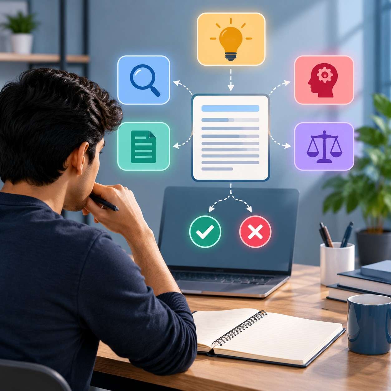 Student analyzing GMAT Critical Reasoning questions with argument structure, evidence evaluation and answer elimination concepts in a study environment.